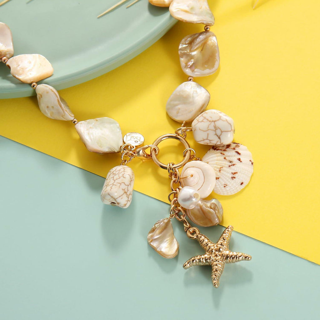 Firstmeet Natural Freshwater Shell Choker with Pearl Starfish Turquoise Pendant