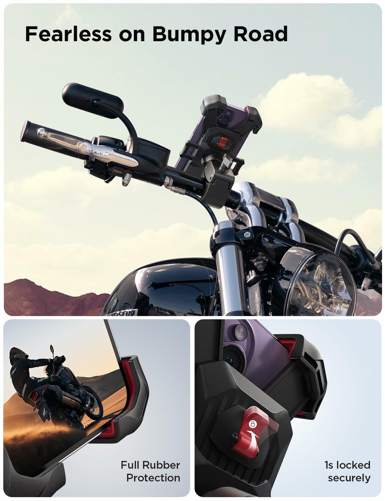 JOYROOM Motorcycle Phone Mount, [1s Auto Lock][100mph Military Anti-Shake] Bike
