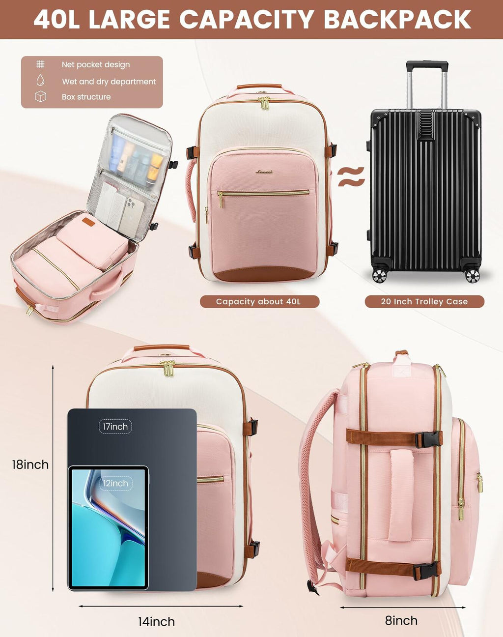 LOVEVOOK Large Travel Backpack for Women & Men, 40L Carry on Backpack for