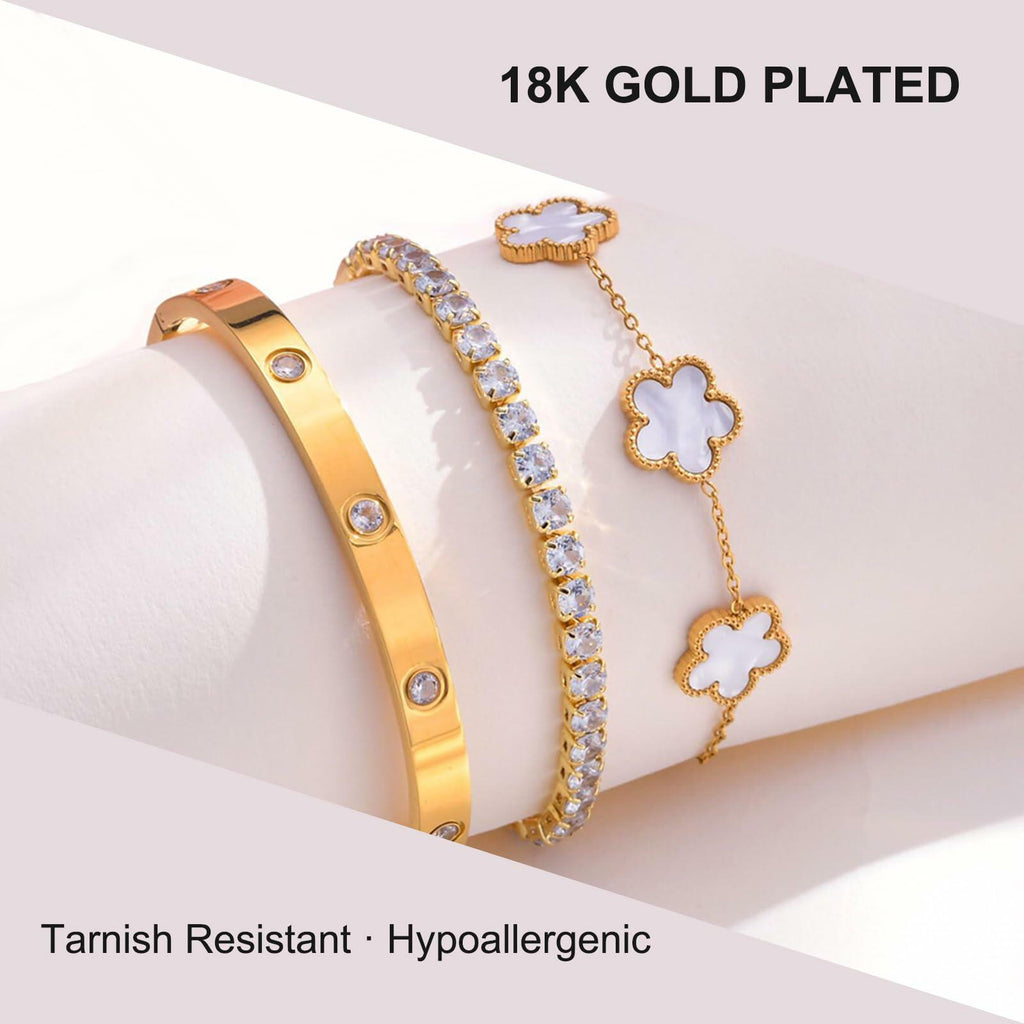 YOUNGGRACE 18K Gold Plated Bracelet Sets for Women - 3PCS Stackable Bracelets