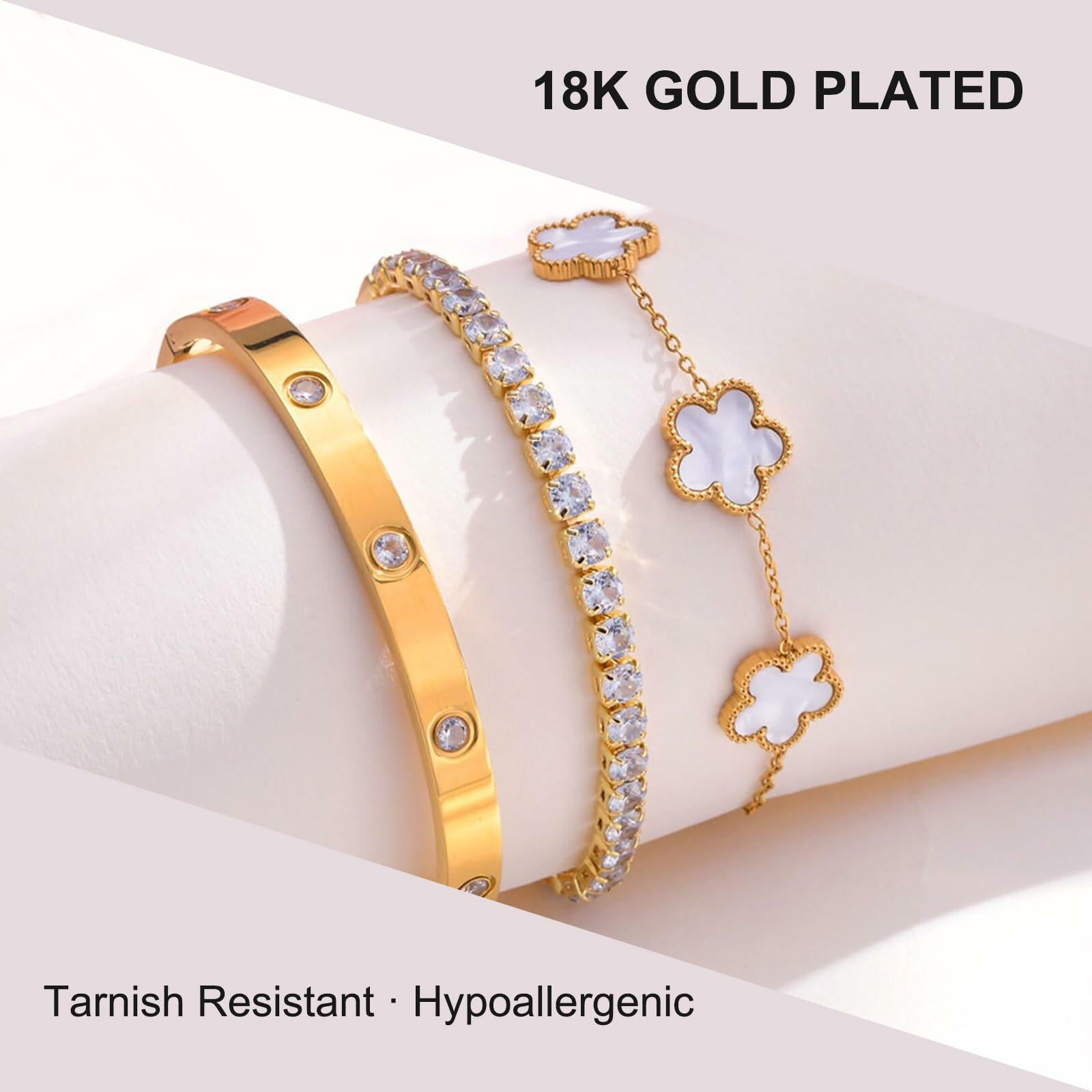 YOUNGGRACE 18K Gold Plated Bracelet Sets for Women - 3PCS Stackable Bracelets
