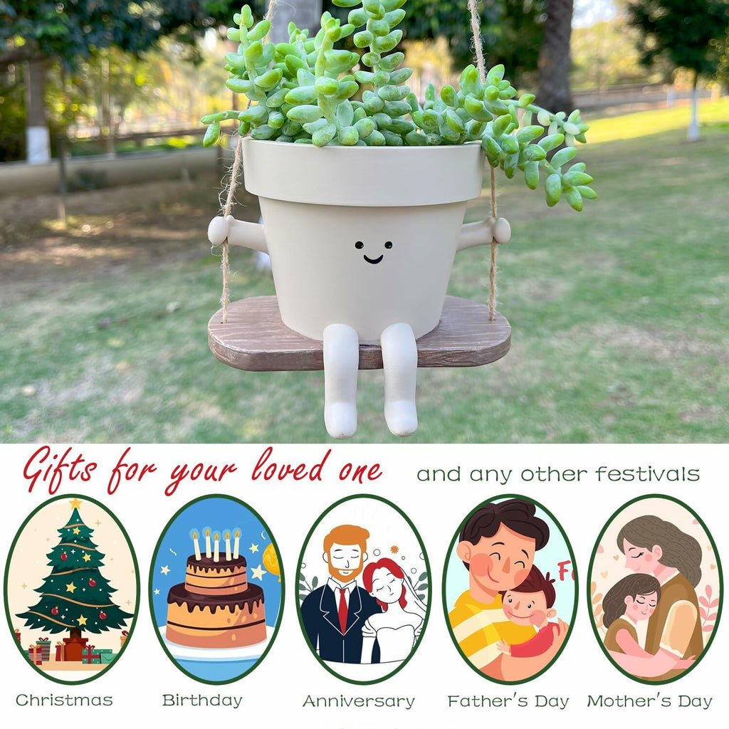 Hanging Planter Swing Face Plant Pot - Cute Resin Head Planters with Drainage