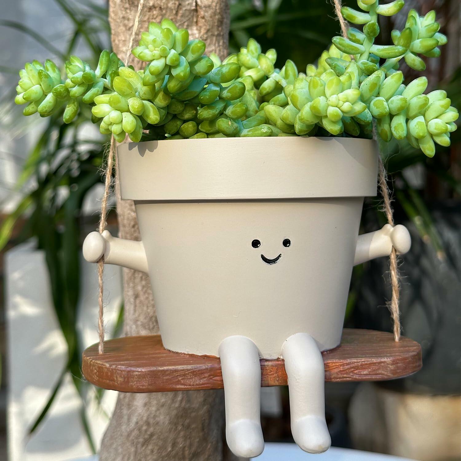 Hanging Planter Swing Face Plant Pot - Cute Resin Head Planters with Drainage