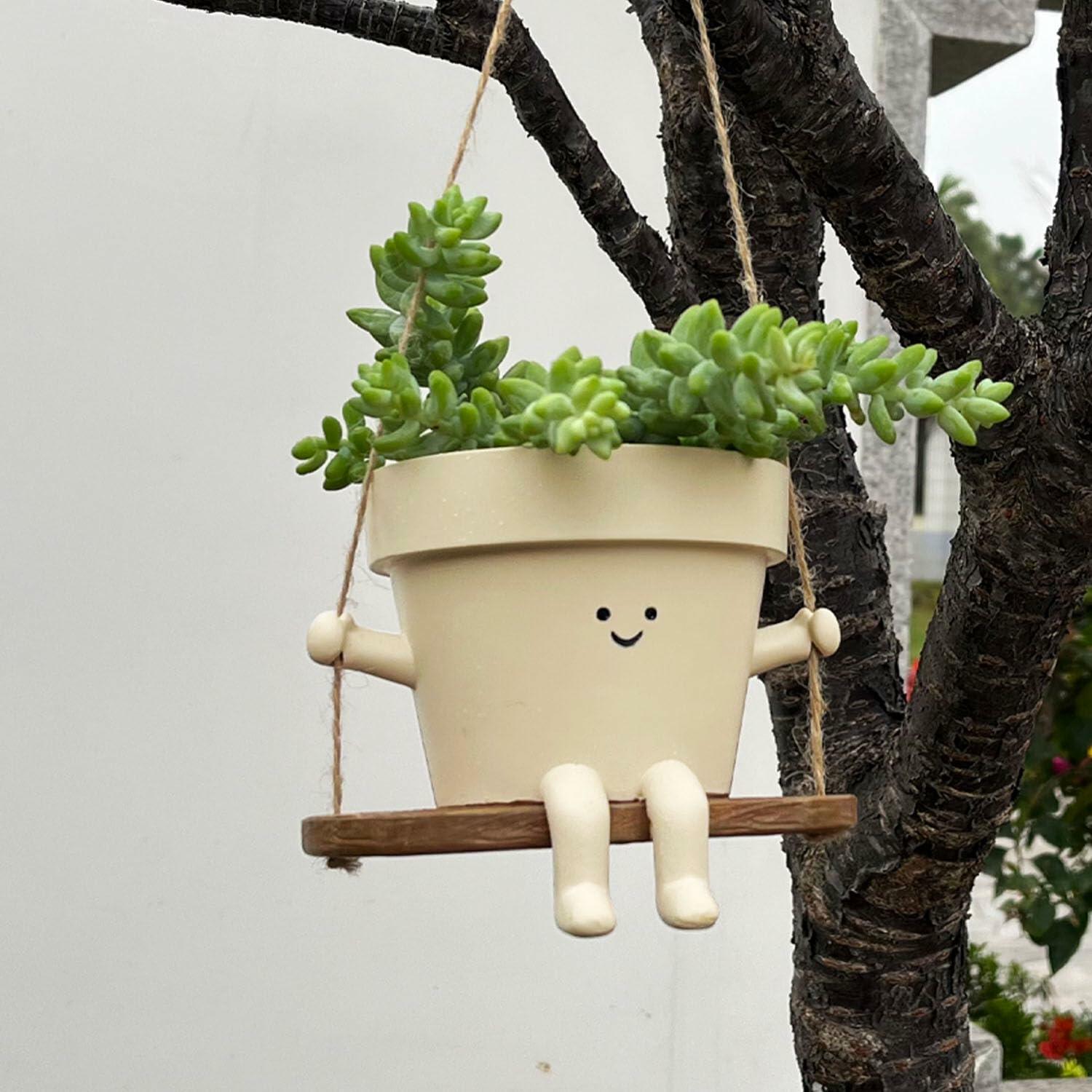 Hanging Planter Swing Face Plant Pot - Cute Resin Head Planters with Drainage