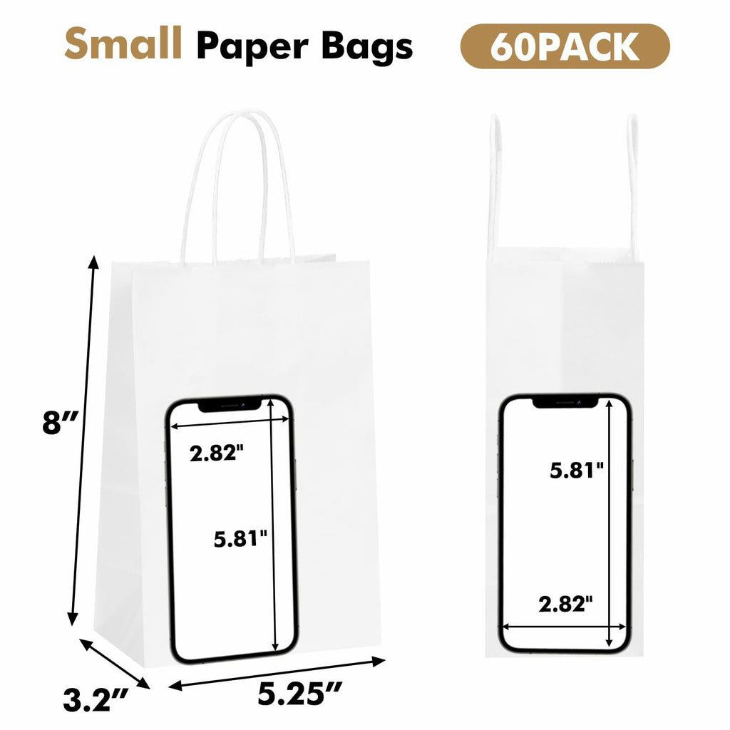 OUTUXED 60pcs 5.25x3.2x8in White Paper Bags with Handles, Small White Gift Bags
