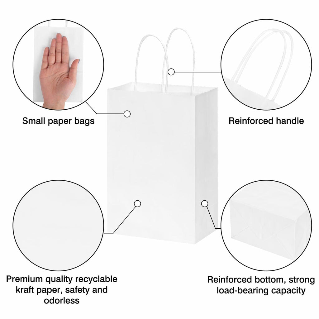 OUTUXED 60pcs 5.25x3.2x8in White Paper Bags with Handles, Small White Gift Bags