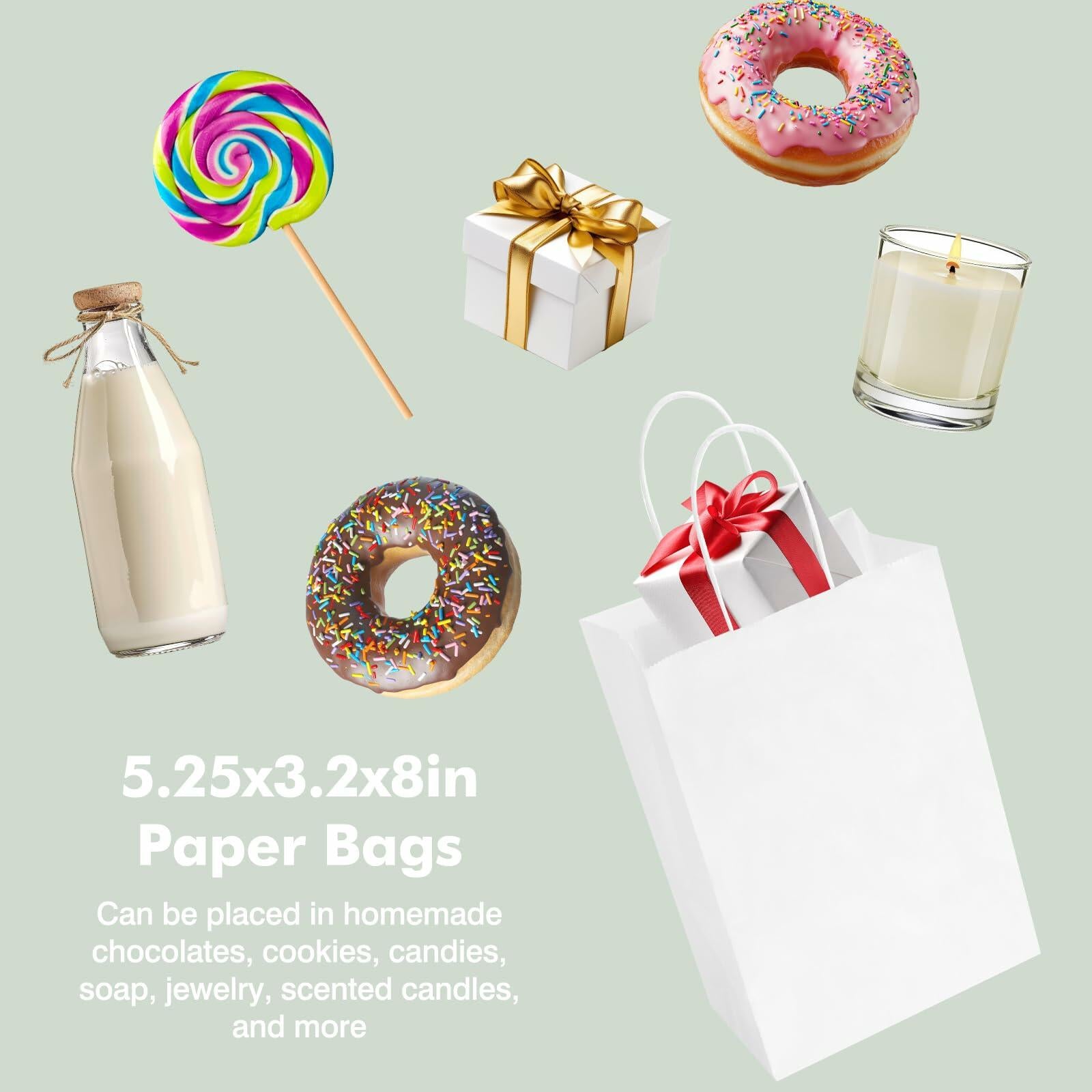 OUTUXED 60pcs 5.25x3.2x8in White Paper Bags with Handles, Small White Gift Bags