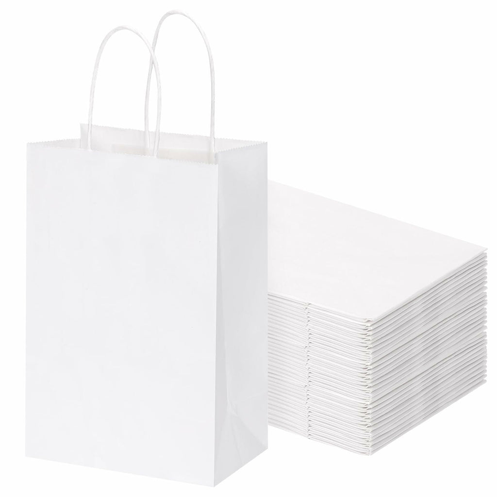 OUTUXED 60pcs 5.25x3.2x8in White Paper Bags with Handles, Small White Gift Bags