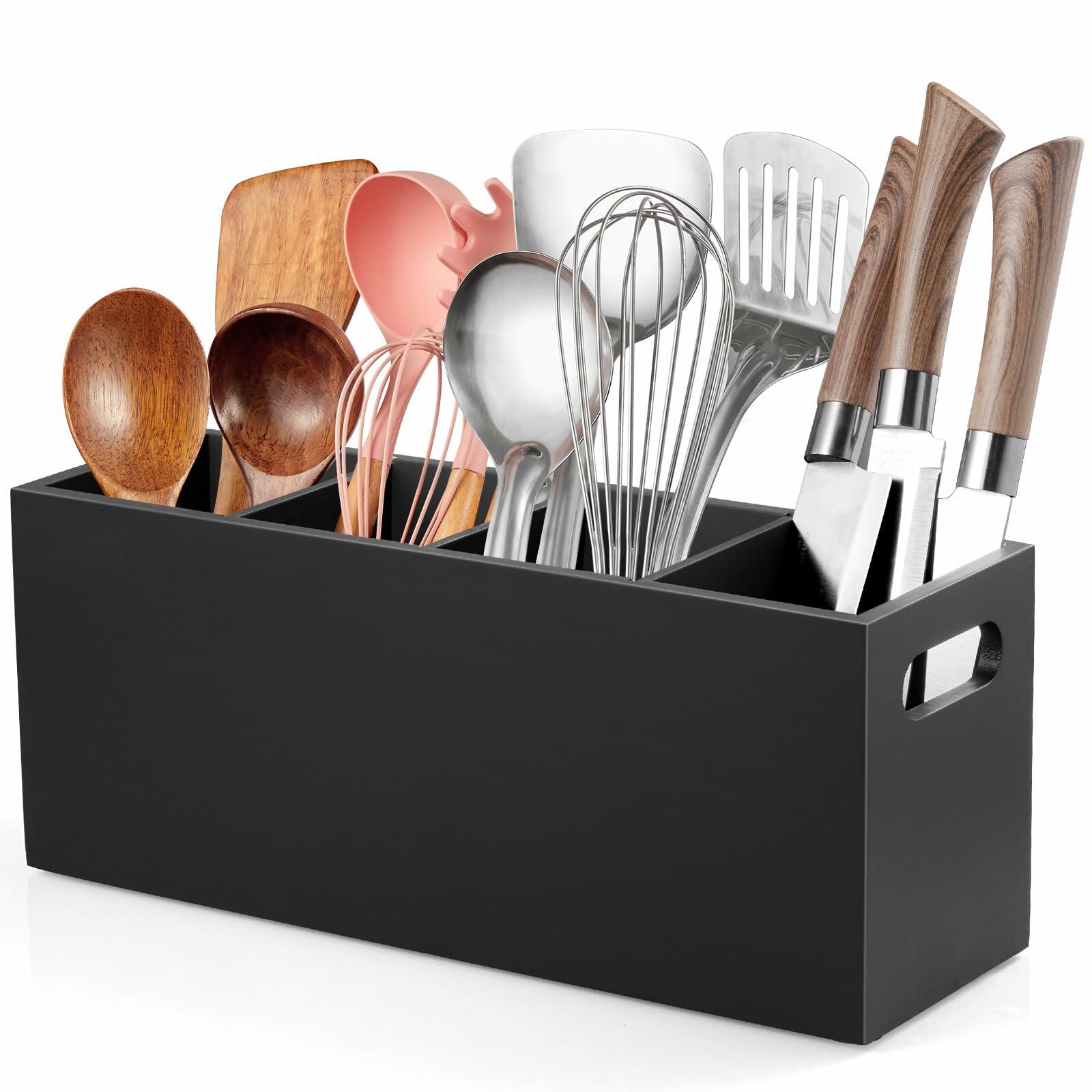ALELION Large Utensil Holder with Removable Divider - 4 Compartment Wooden