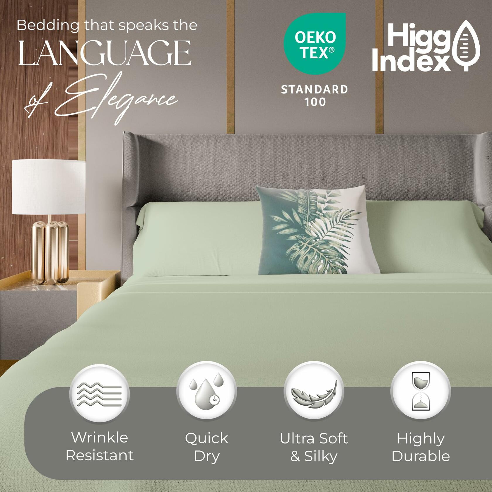 1200 Thread Count Queen Size Sheets Set Pastel Green, Ultra Soft Cotton Rich