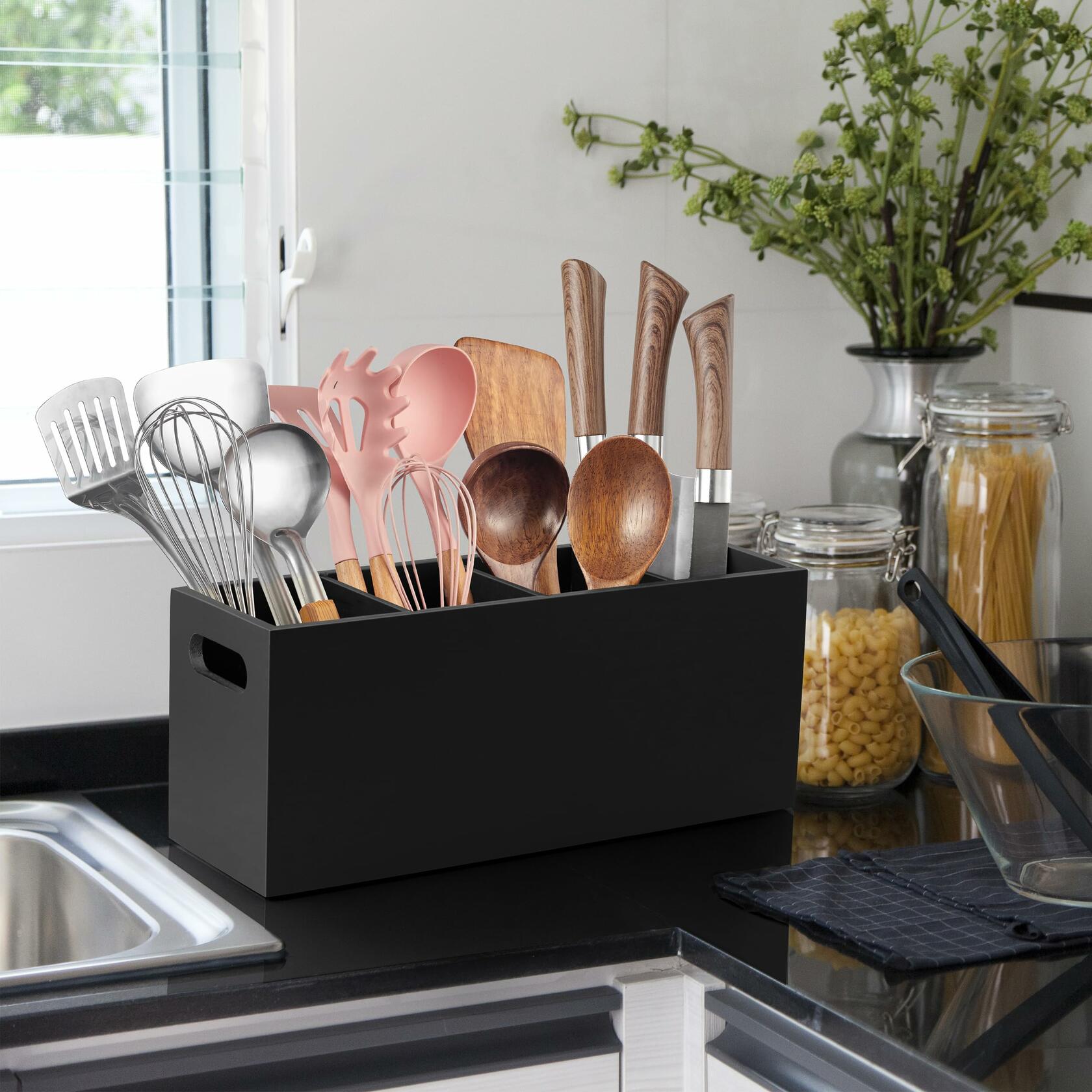ALELION Large Utensil Holder with Removable Divider - 4 Compartment Wooden