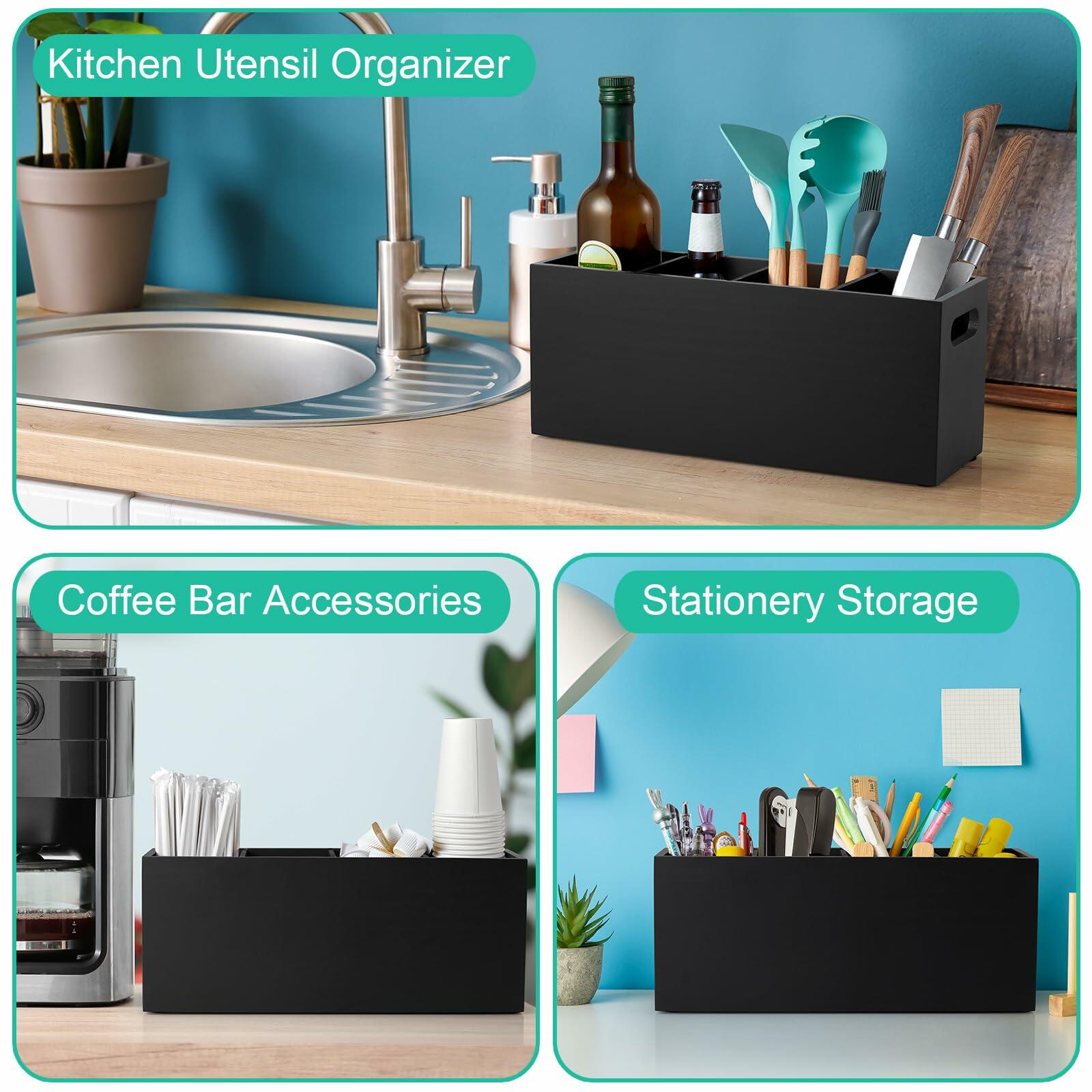ALELION Large Utensil Holder with Removable Divider - 4 Compartment Wooden