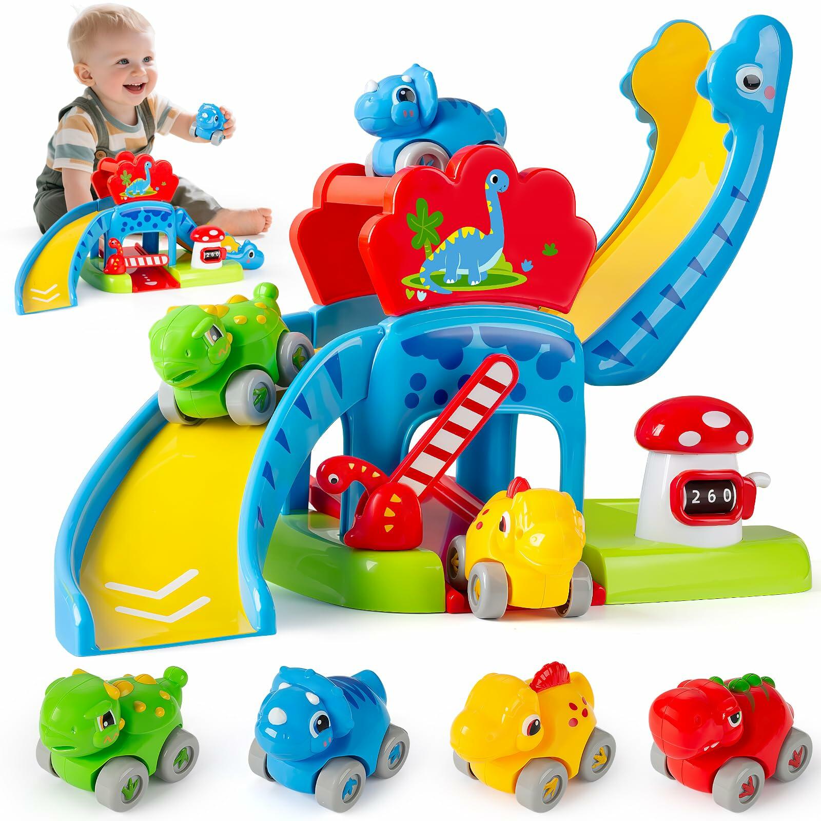 Toys for 1 Year Old Boy and Girl, Race Track for Toddlers 1-3 with 4 Dinosaurs
