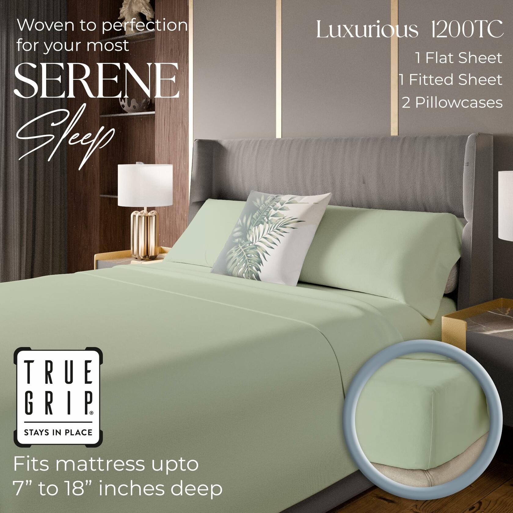 1200 Thread Count Queen Size Sheets Set Pastel Green, Ultra Soft Cotton Rich