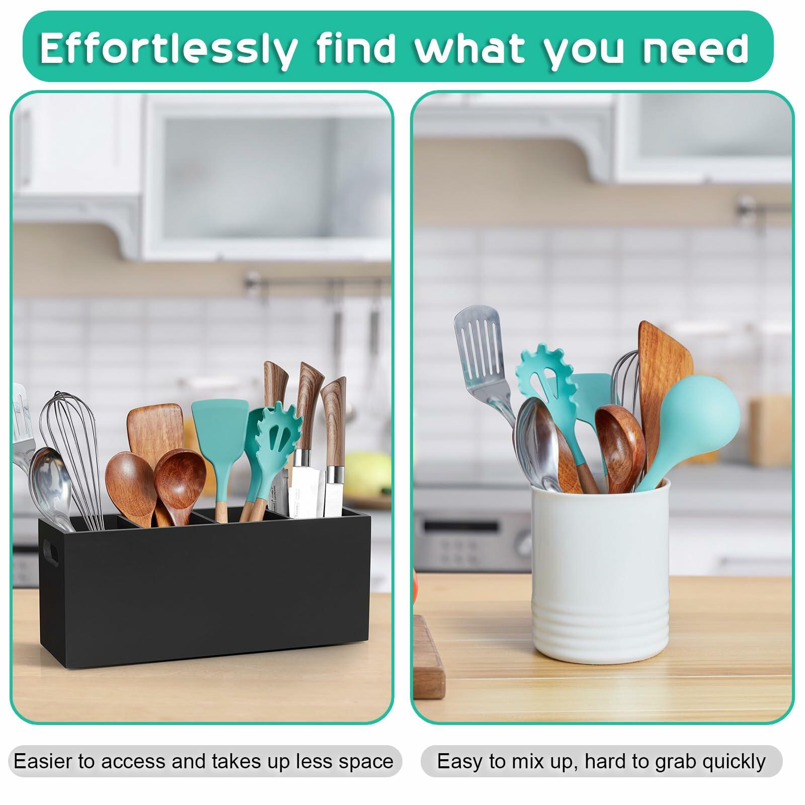 ALELION Large Utensil Holder with Removable Divider - 4 Compartment Wooden