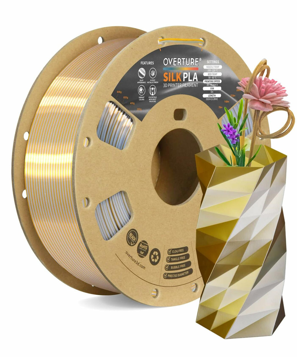 OVERTURE Silk PLA Dual Color Filament 1.75mm, Bi-Color Shiny PLA Finish, Smooth
