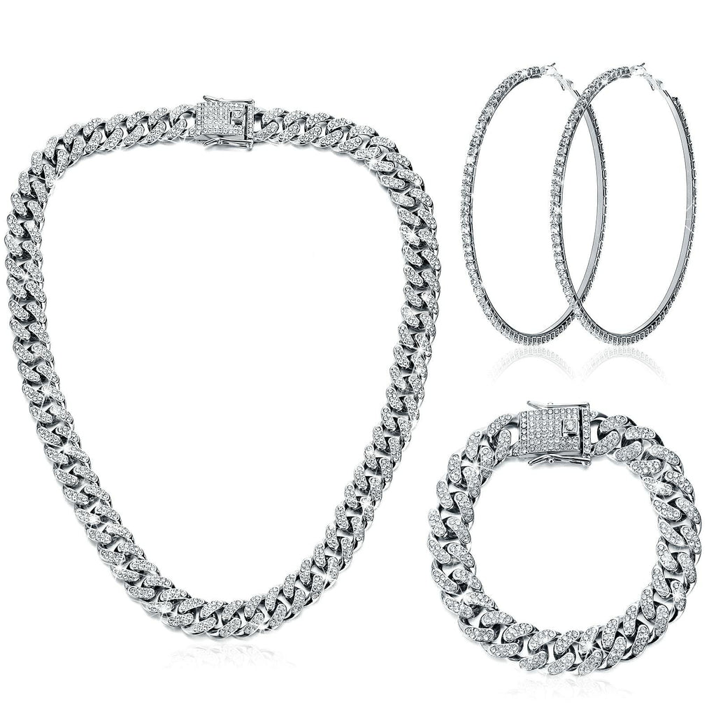 Batiyeer 3 Pcs Cuban Link Chain Necklace Bracelet Rhinestone Hoop Earrings Bling