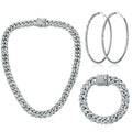 Batiyeer 3 Pcs Cuban Link Chain Necklace Bracelet Rhinestone Hoop Earrings Bling