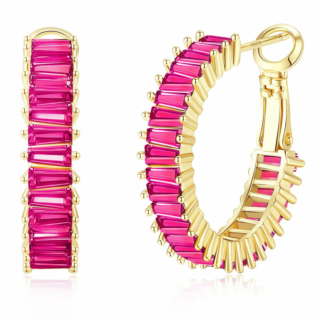 GLOQUAT Gold Pink Earrings Fuchsia Hoops for Women 14K Gold Plated Hot Pink