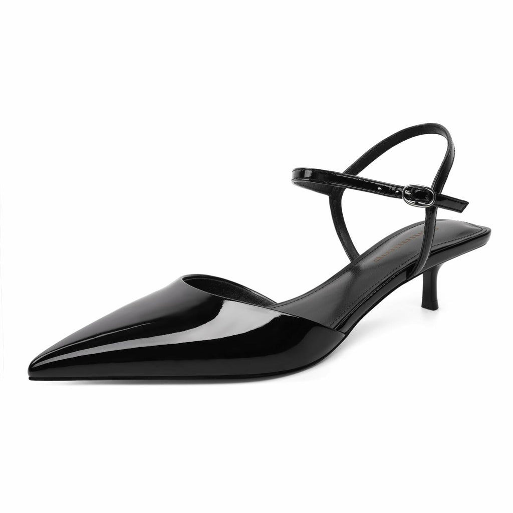 SAMMITOP Womens Black Kitten Heels Closed Pointed Toe Ankle Strap Slingback