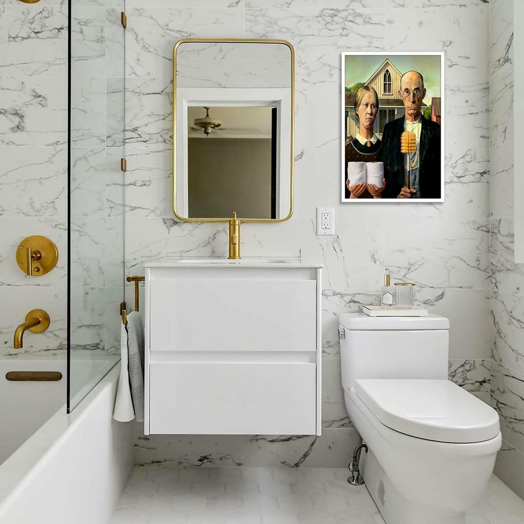 Funny Bathroom Canvas Wall Art Vintage American Gothic Toilet Poster World
