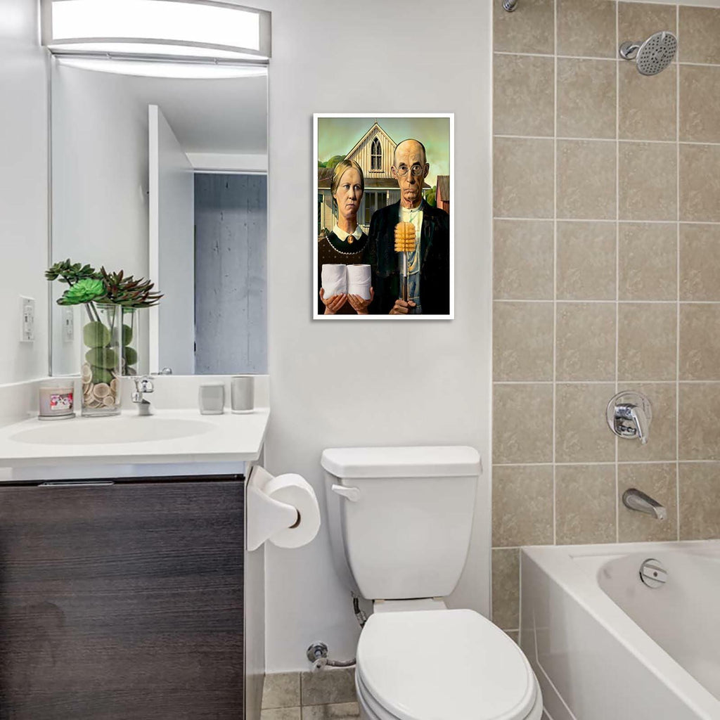 Funny Bathroom Canvas Wall Art Vintage American Gothic Toilet Poster World