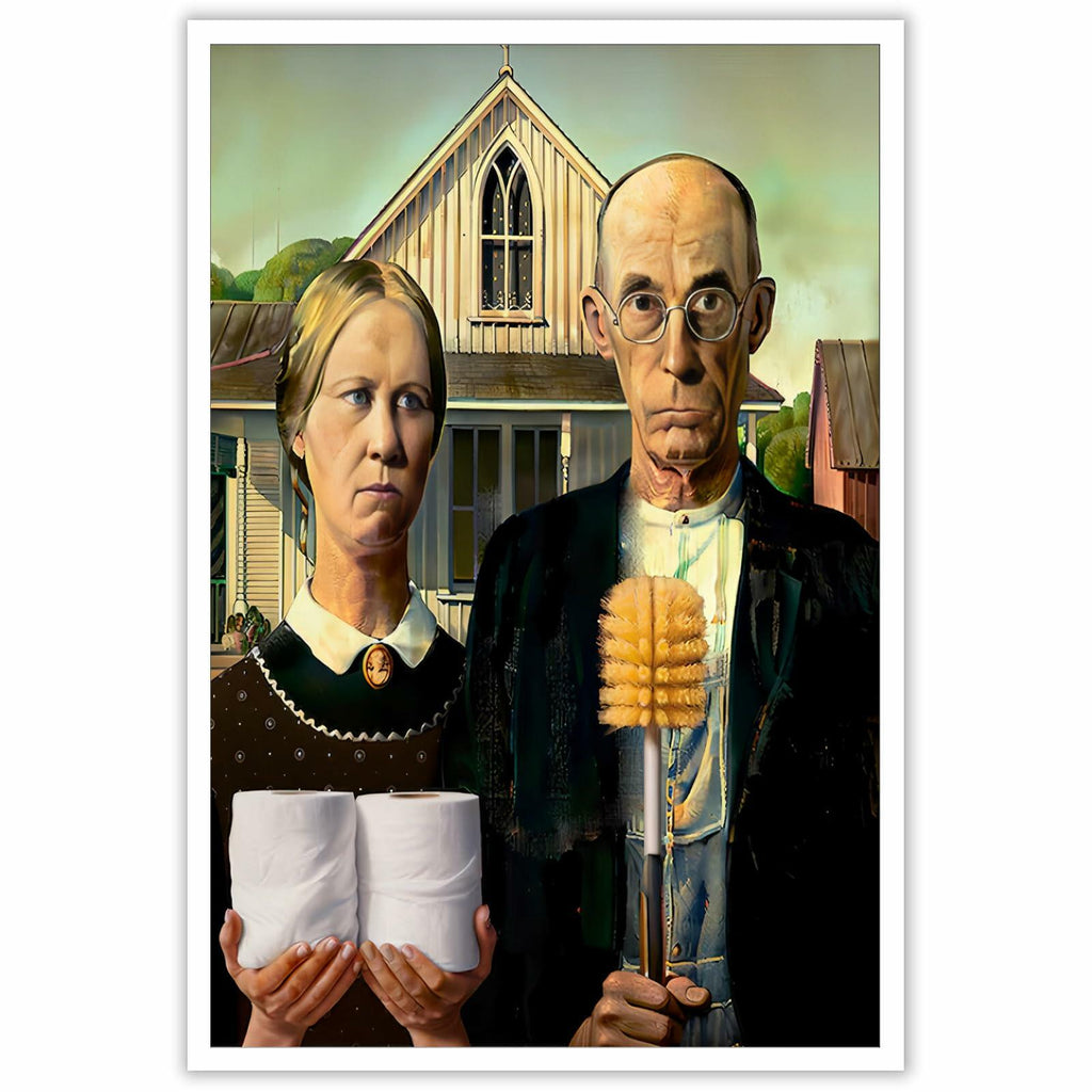 Funny Bathroom Canvas Wall Art Vintage American Gothic Toilet Poster World