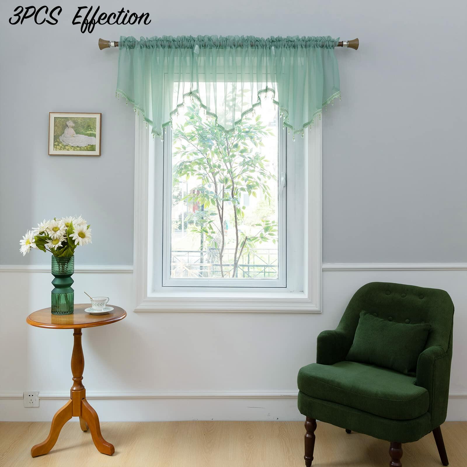 PearAge Beaded Sheer Valance Curtains for Living Room,Rod Pocket Farmhouse