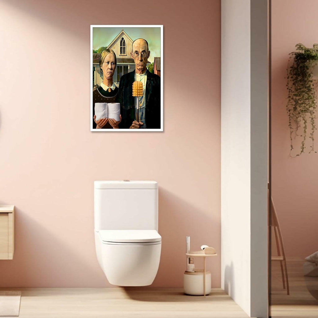 Funny Bathroom Canvas Wall Art Vintage American Gothic Toilet Poster World