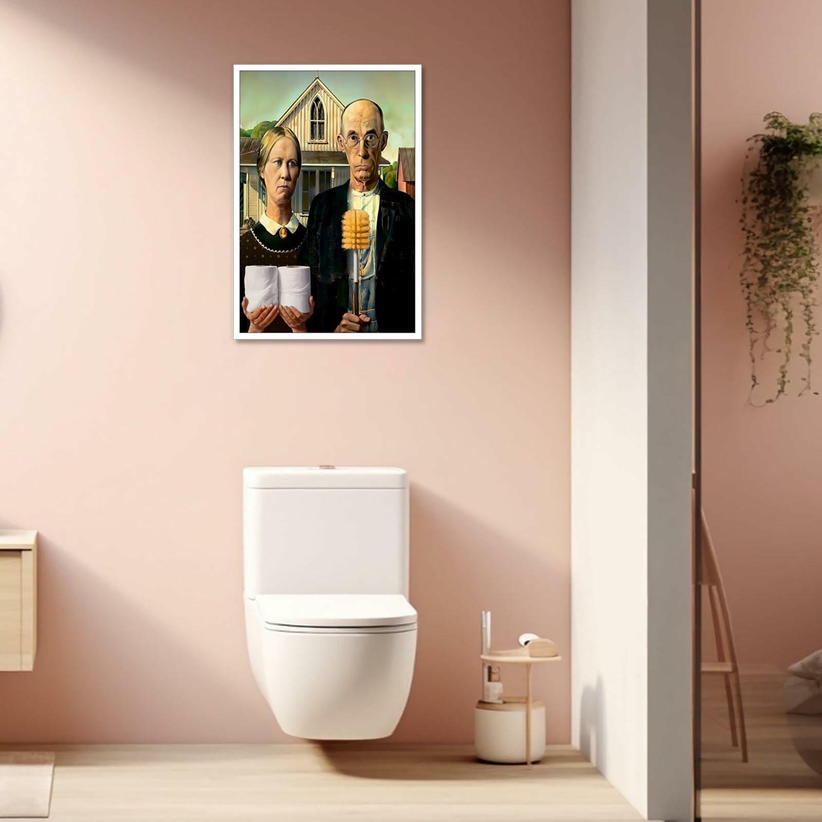 Funny Bathroom Canvas Wall Art Vintage American Gothic Toilet Poster World