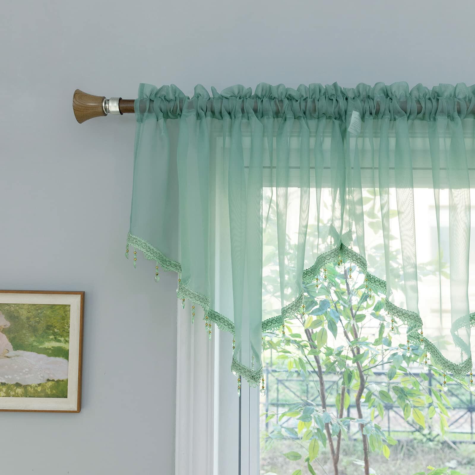 PearAge Beaded Sheer Valance Curtains for Living Room,Rod Pocket Farmhouse