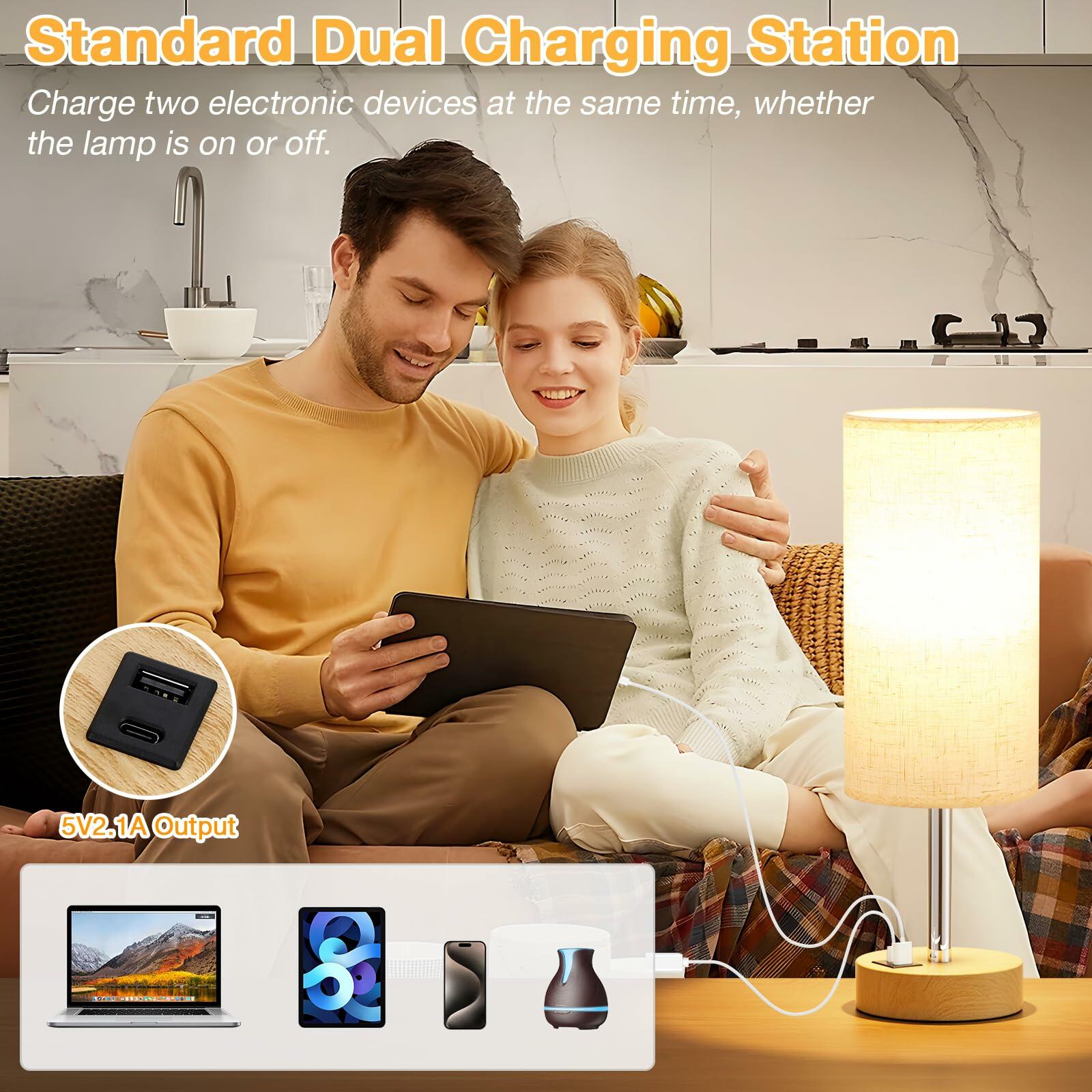 Dicoool Touch Bedside Table Lamp with USB - 3 Way Dimmable Wood Lamp for Bedroom