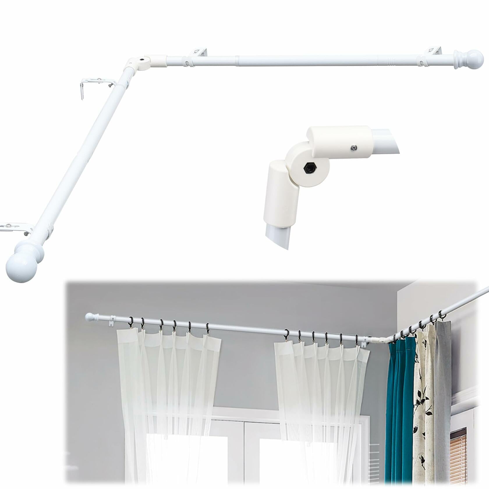 Lcokeiy White Steel Corner Curtain Rod, 30-136 Inch, Adjustable, Wall Mounted,