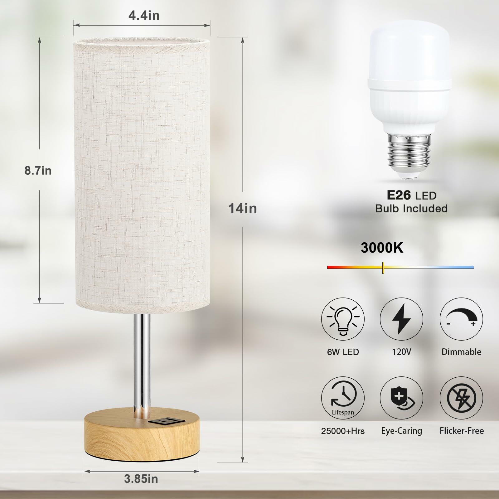 Dicoool Touch Bedside Table Lamp with USB - 3 Way Dimmable Wood Lamp for Bedroom