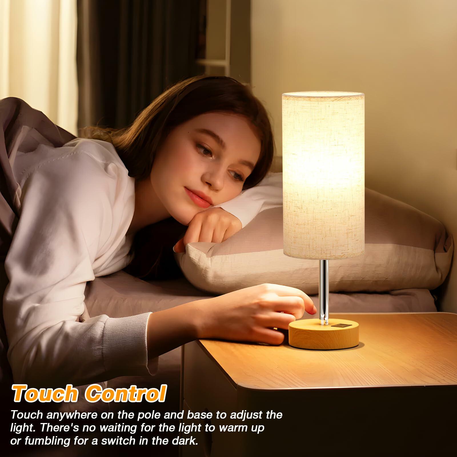 Dicoool Touch Bedside Table Lamp with USB - 3 Way Dimmable Wood Lamp for Bedroom