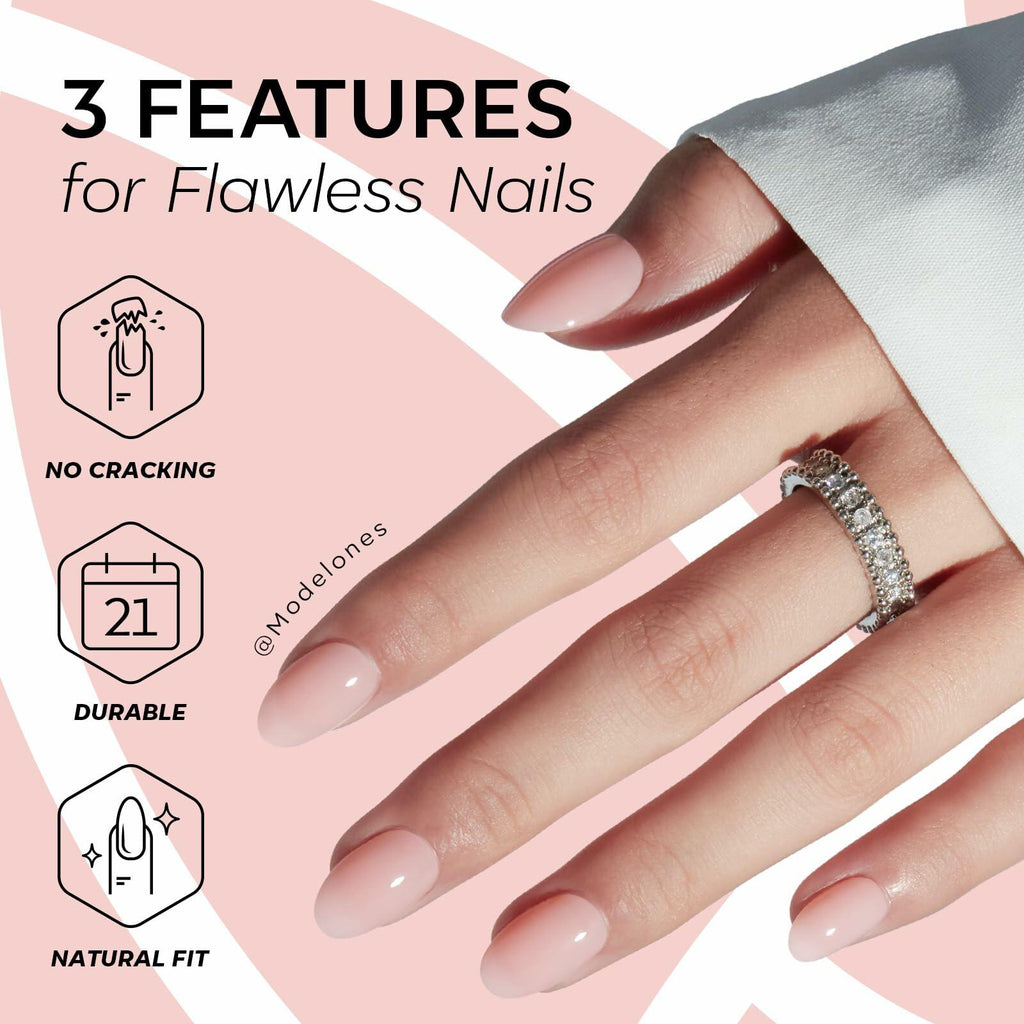 modelones Nude Pink Short Press on Nails, Semi-Transparent Oval Fake Nails Kit