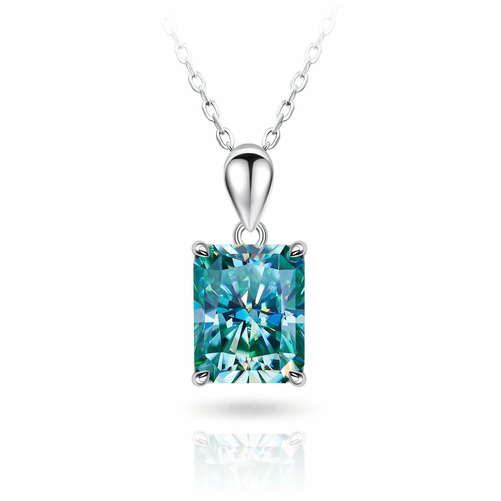 GIGAJEWE Blue Green Color Moissanite Necklace 18K White Gold Plated 925 Silver