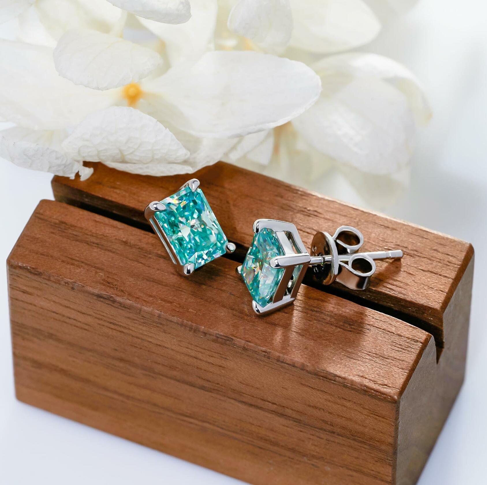 GIGAJEWE Blue Green Color Moissanite Stud Earrings Radiant Cut Moissanite