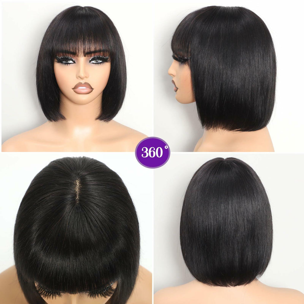 REMESSE Short Bob Wig with Bangs Human Hair Glueless 180% Density Middle Part
