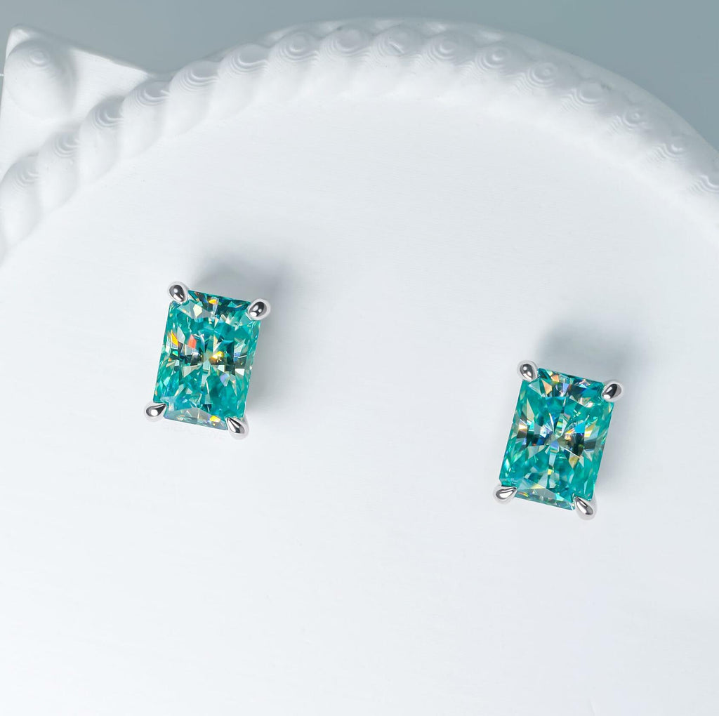 GIGAJEWE Blue Green Color Moissanite Stud Earrings Radiant Cut Moissanite