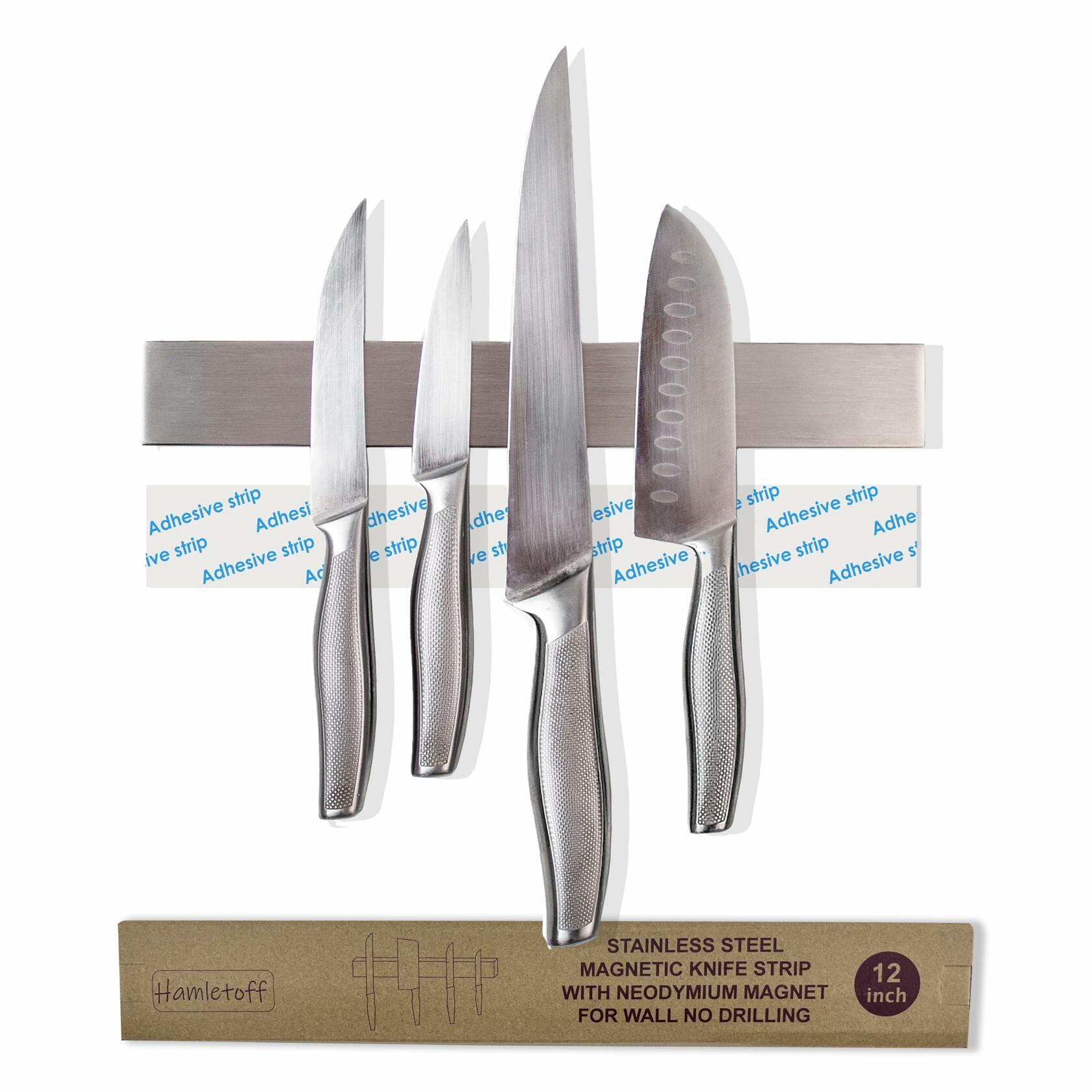 Hamletoff Premium Magnetic Knife Strip for Wall no Drilling – 12 Inch Stainless