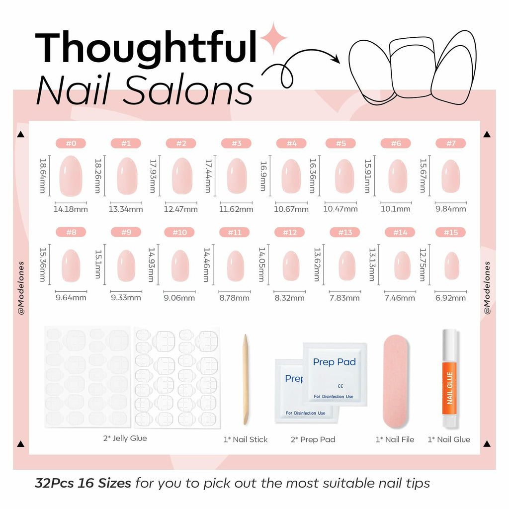 modelones Nude Pink Short Press on Nails, Semi-Transparent Oval Fake Nails Kit