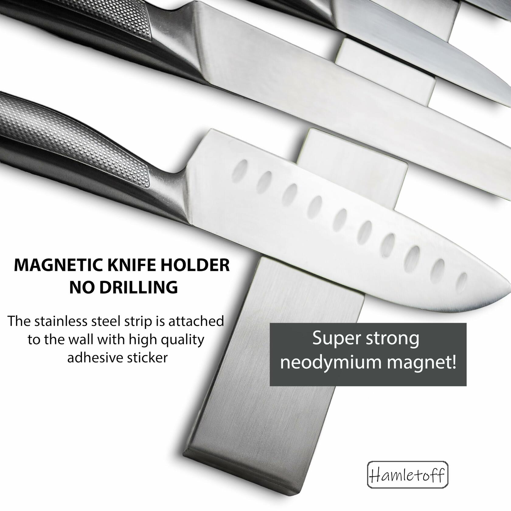 Hamletoff Premium Magnetic Knife Strip for Wall no Drilling – 12 Inch Stainless