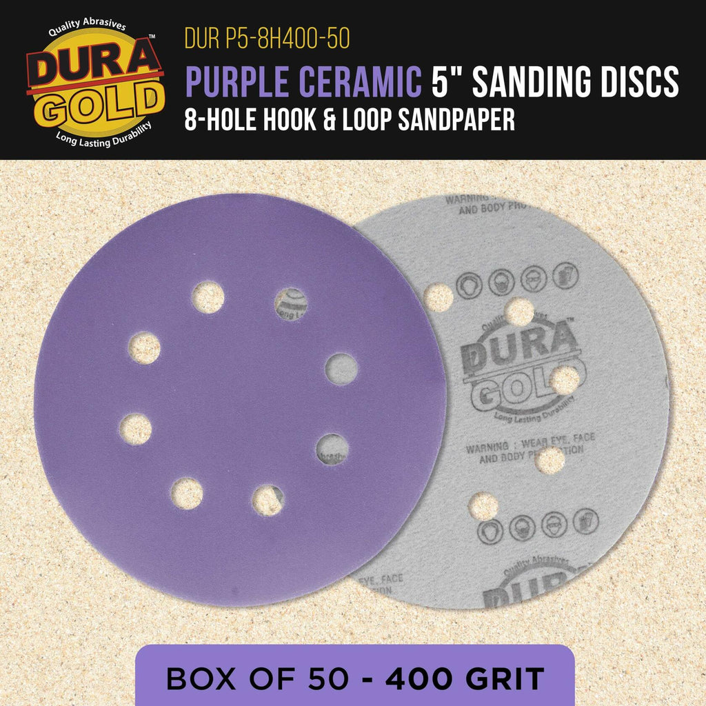 Dura-Gold Premium 400 Grit 5" Purple Film Ceramic Sanding Discs, 8-Hole Pattern,