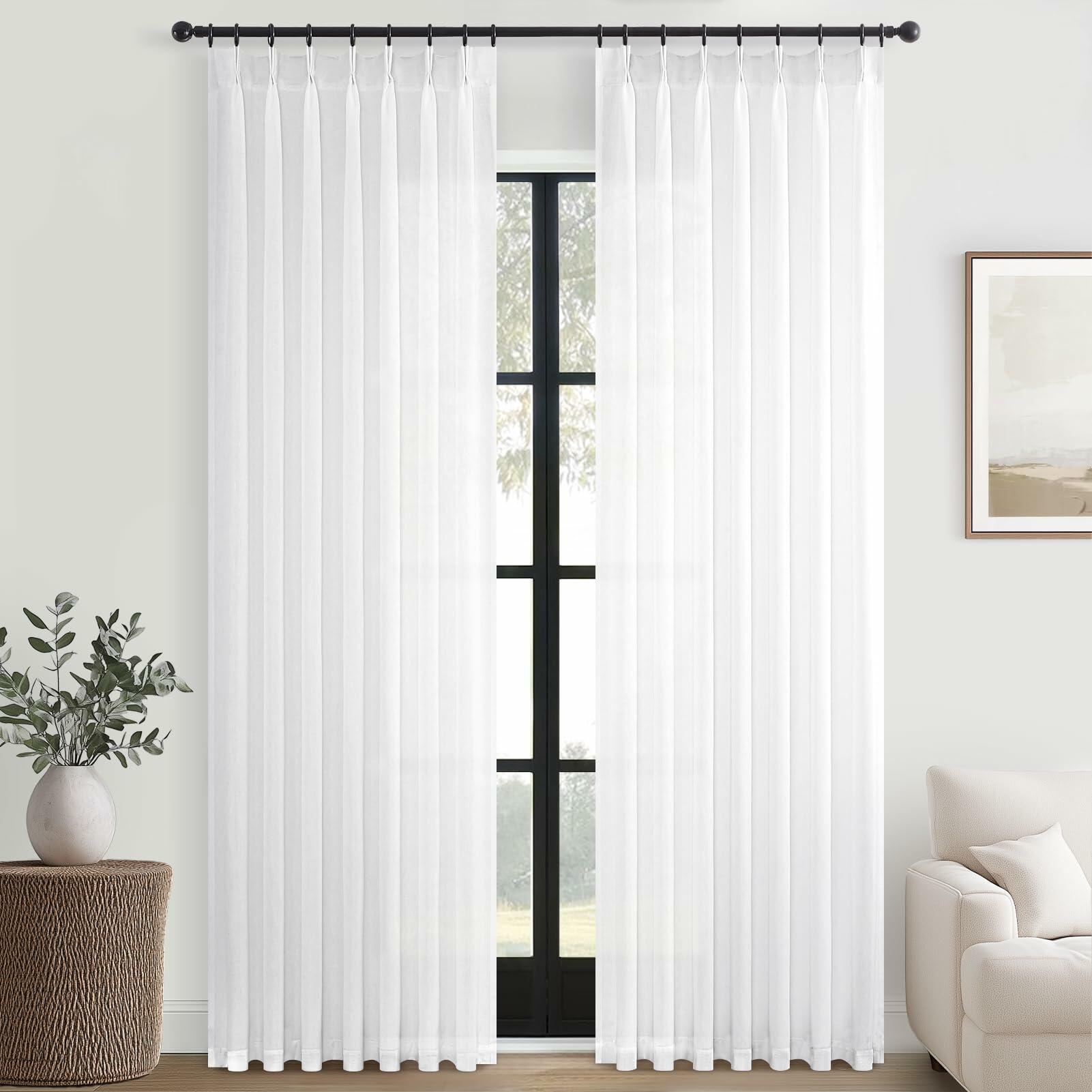 Topfinel Beige White White Linen Curtains 96 Inches Long for Living Room,Pinch