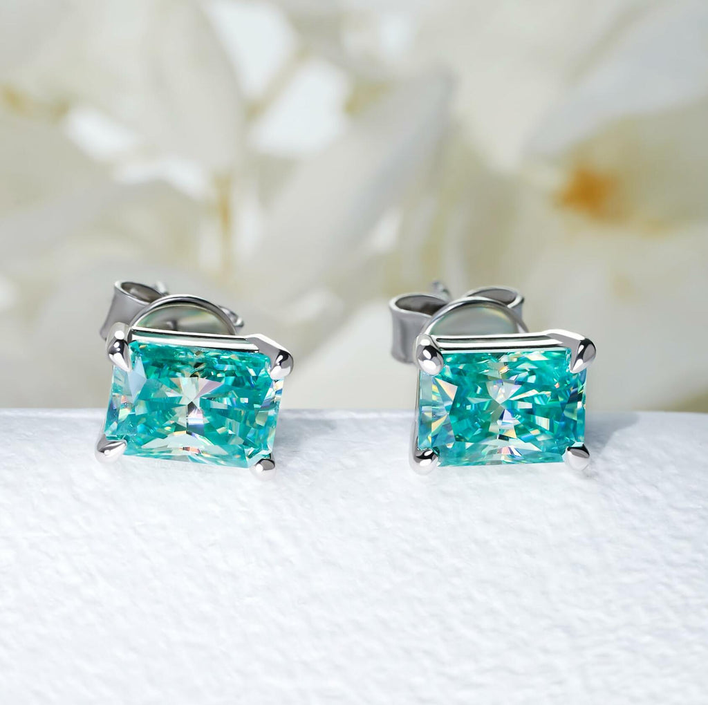 GIGAJEWE Blue Green Color Moissanite Stud Earrings Radiant Cut Moissanite