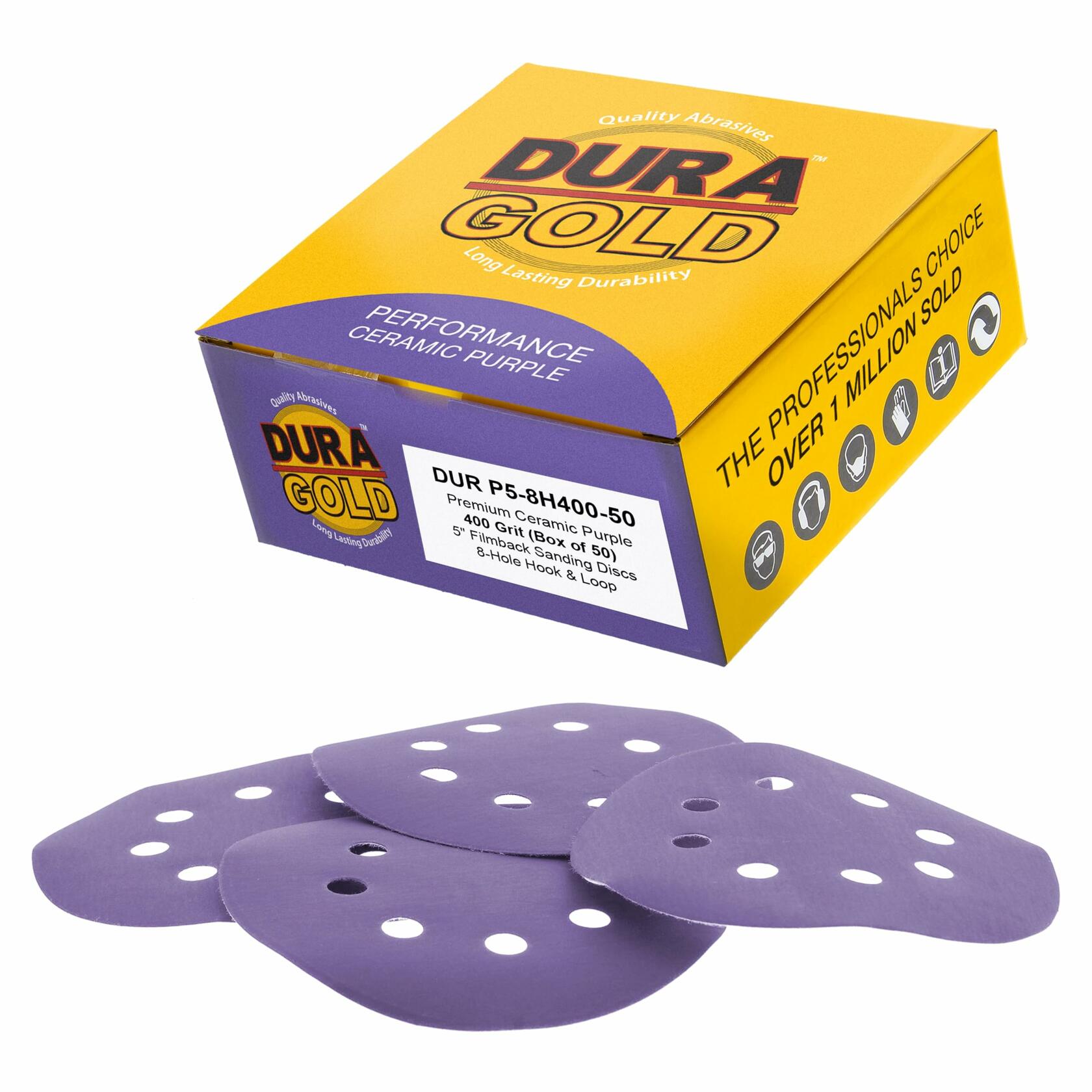 Dura-Gold Premium 400 Grit 5" Purple Film Ceramic Sanding Discs, 8-Hole Pattern,