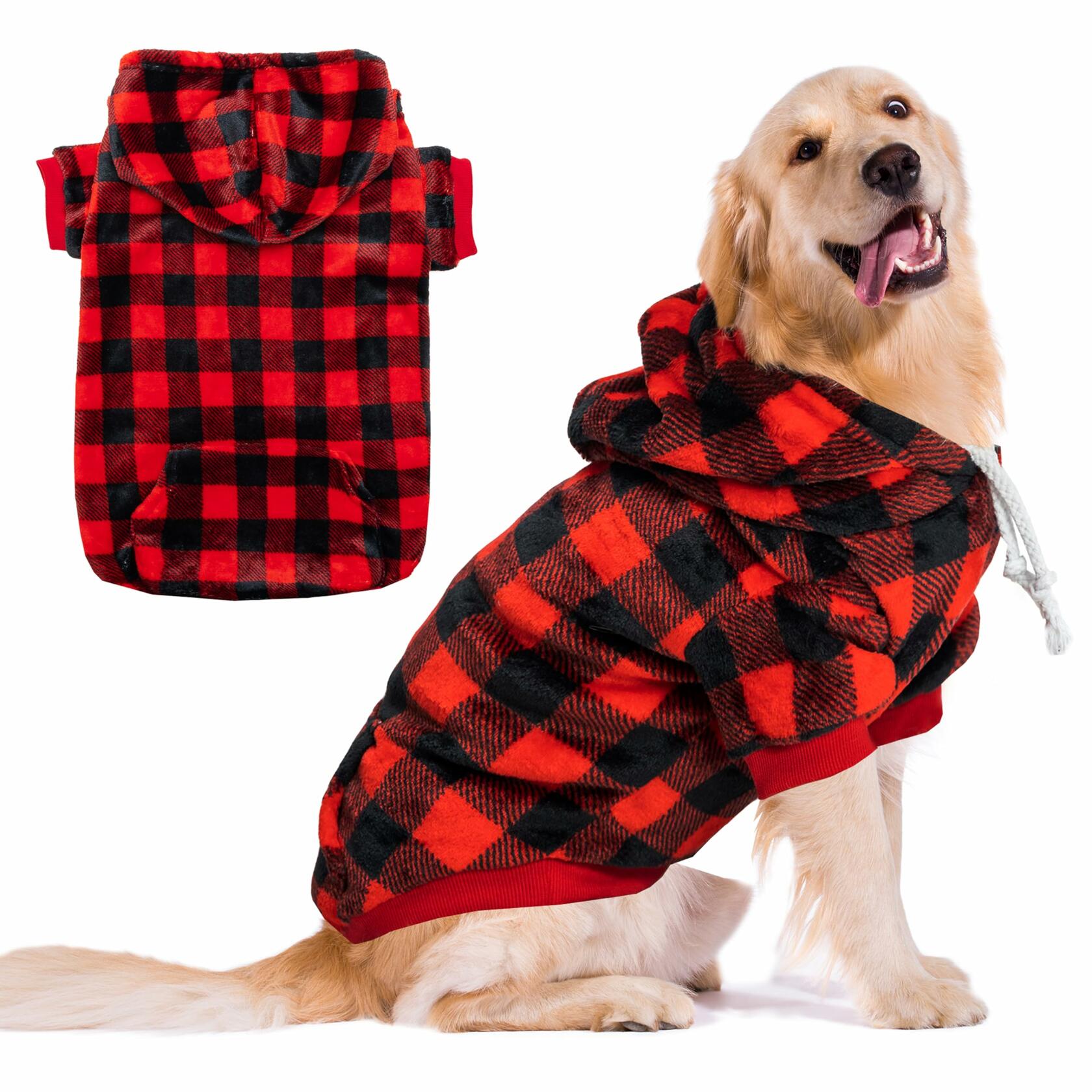 ALUZAEMO XXL Dog Hoodie for Large Meidum Small Dogs, Winter Plaid Fleece Warm