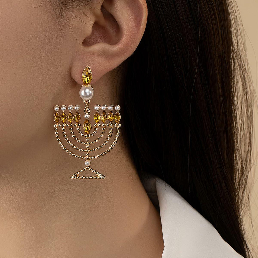 Hanukkah Earrings for Women Pearl Menorah Earrings Stud Jewish Holiday Jewelry