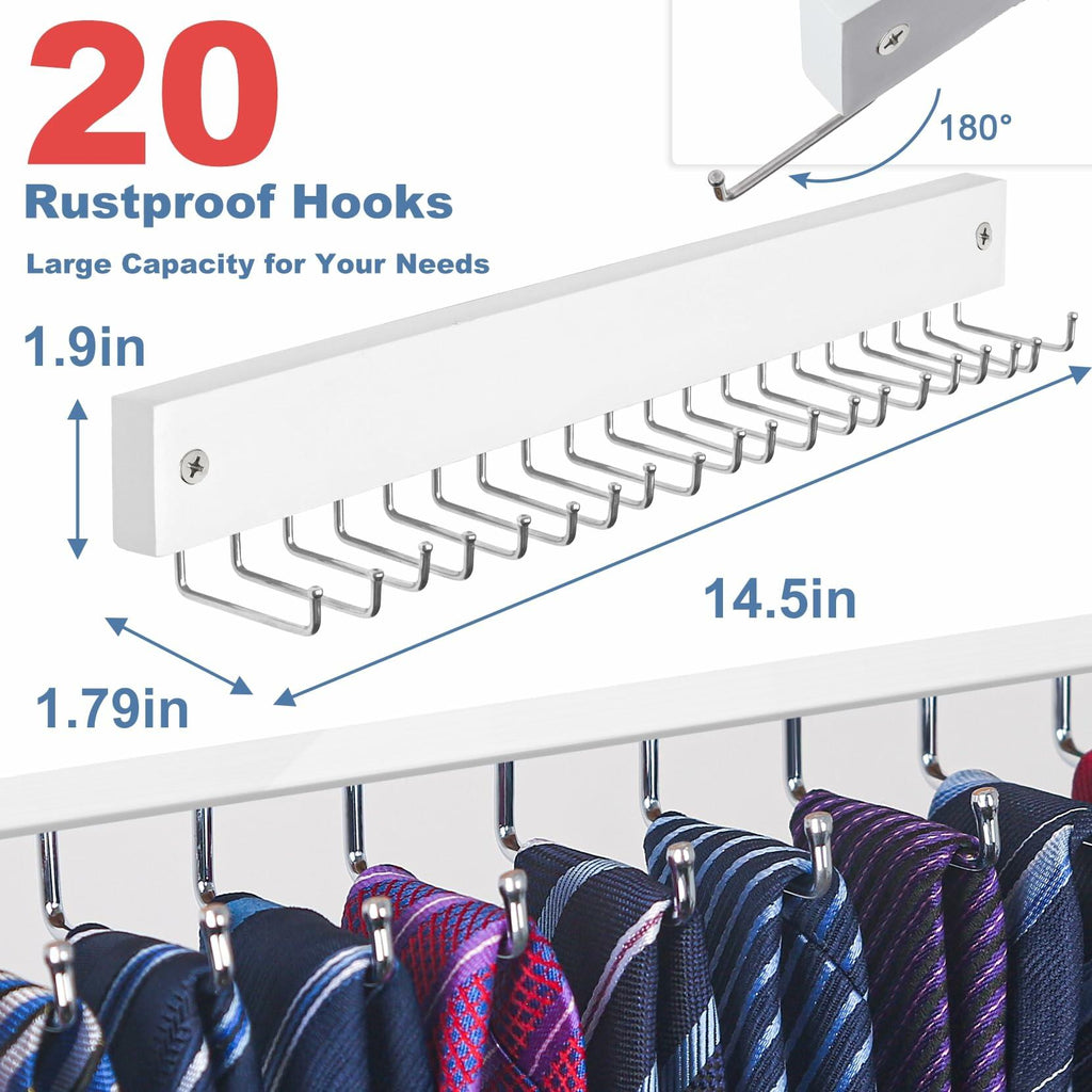 Tie Rack Wall Mounted, Belt Rack Tie Organizer for Men with 20 Storage Hooks,